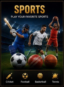 RS9 Sports section featuring Cricket, Football, Basketball and Tennis categories